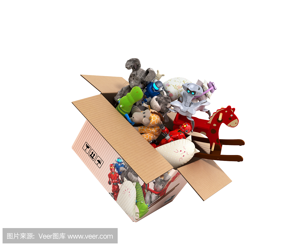 產(chǎn)品類別的概念玩具飛出盒子3d渲染在白色沒有陰影