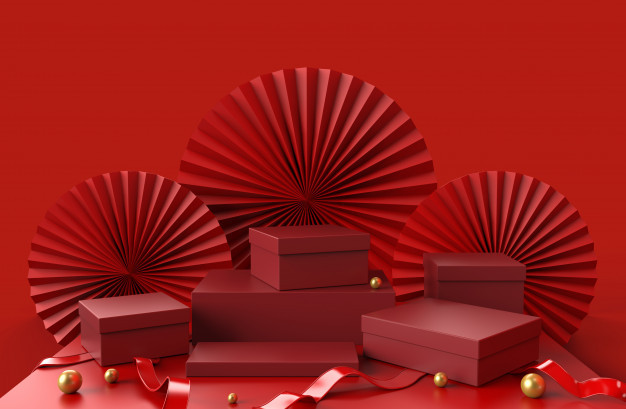 展示豪華產品的包裝的介紹有抽象瓷紙背景和金黃球在地板上,3d的紅色指揮臺禮物盒例證。 優質照片